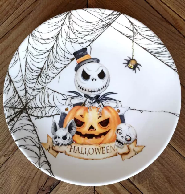 Plato de porcelana con Ilustración de un esqueleto sobre calabaza Halloween