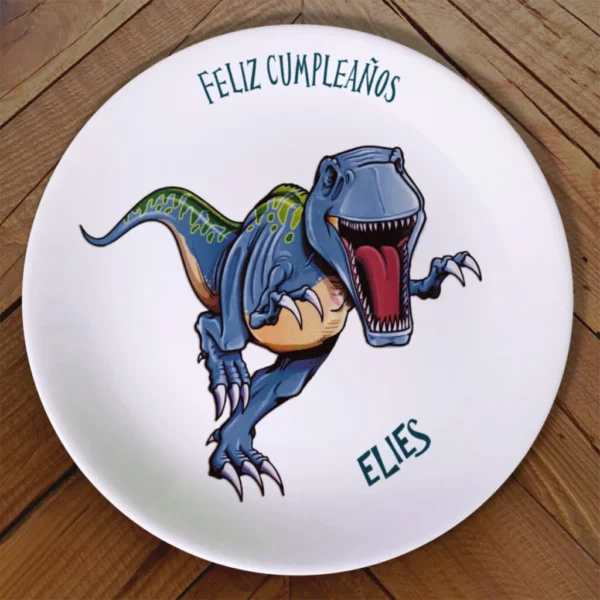 Plato con una ilustración de un tiranosaurio rex personalizado con nombre