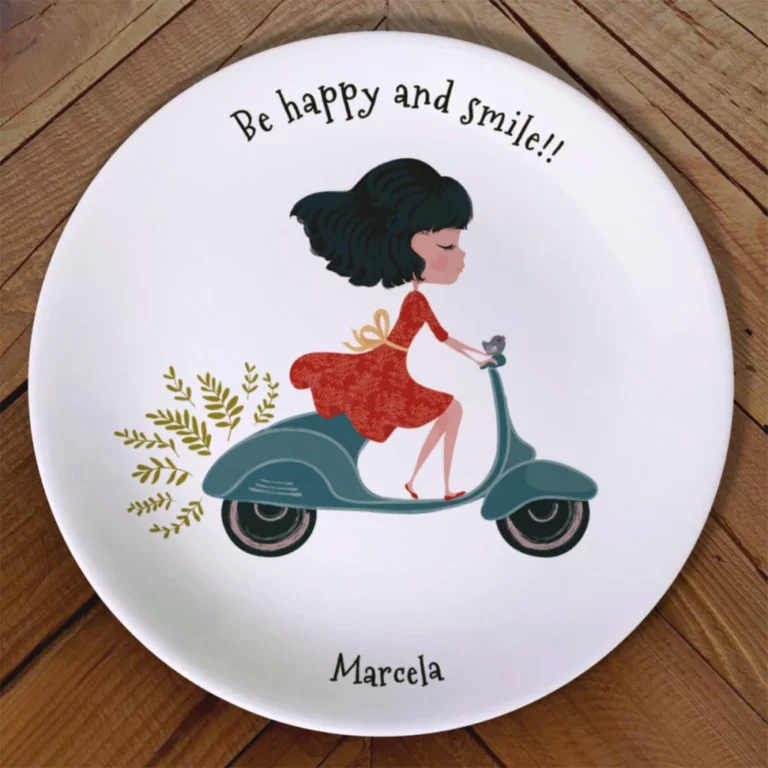 Plato porcelana personalizado dibujo chica en moto Smile